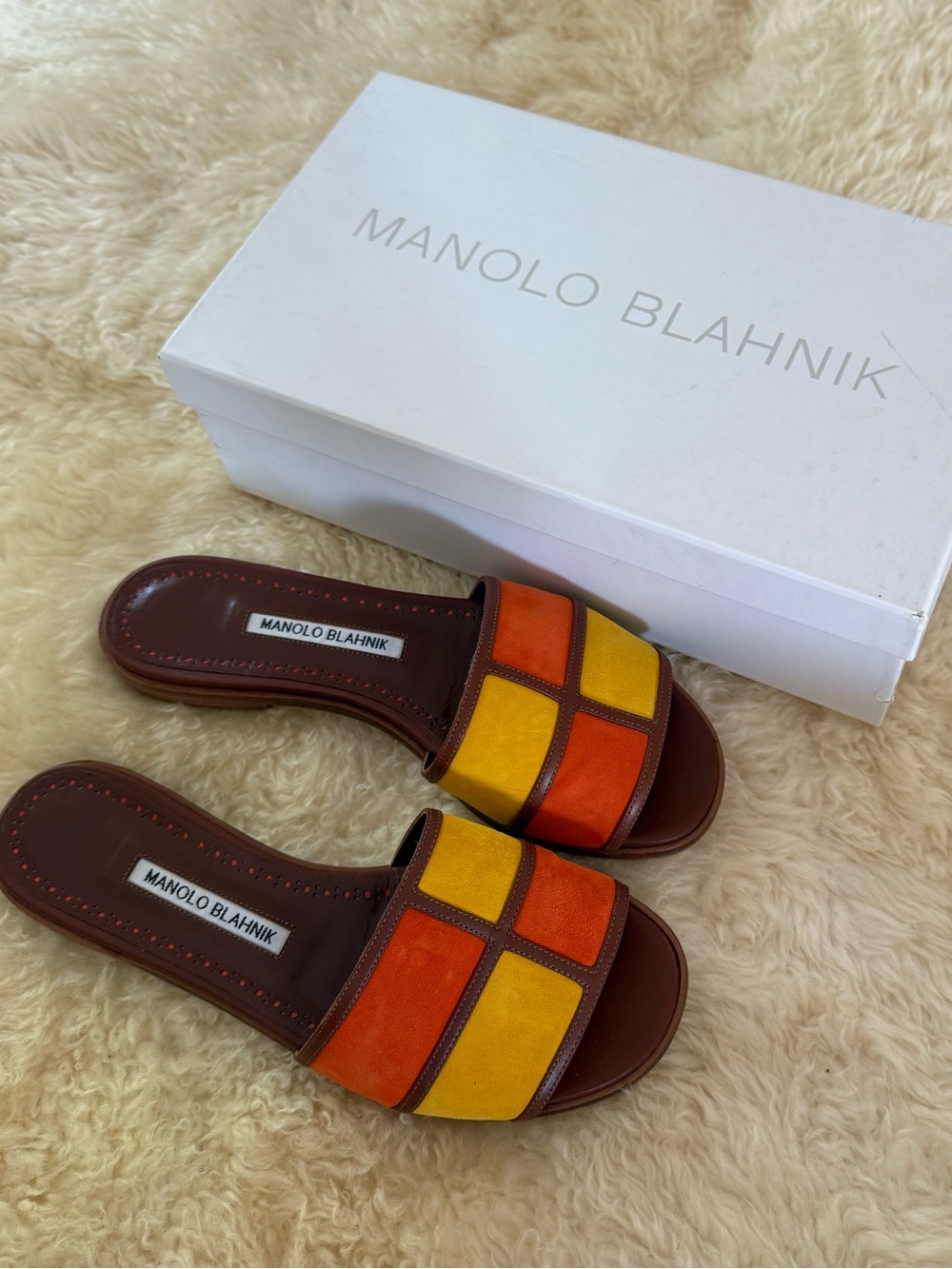 Manolo Blahnik Megacle Orange and Yellow Colorblock Leather Flat Sandals 38.5